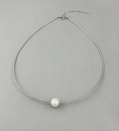 Floating Pearl Necklace: Rhodium Plated Sterling Silver Wire, Minimalist Jewelry
