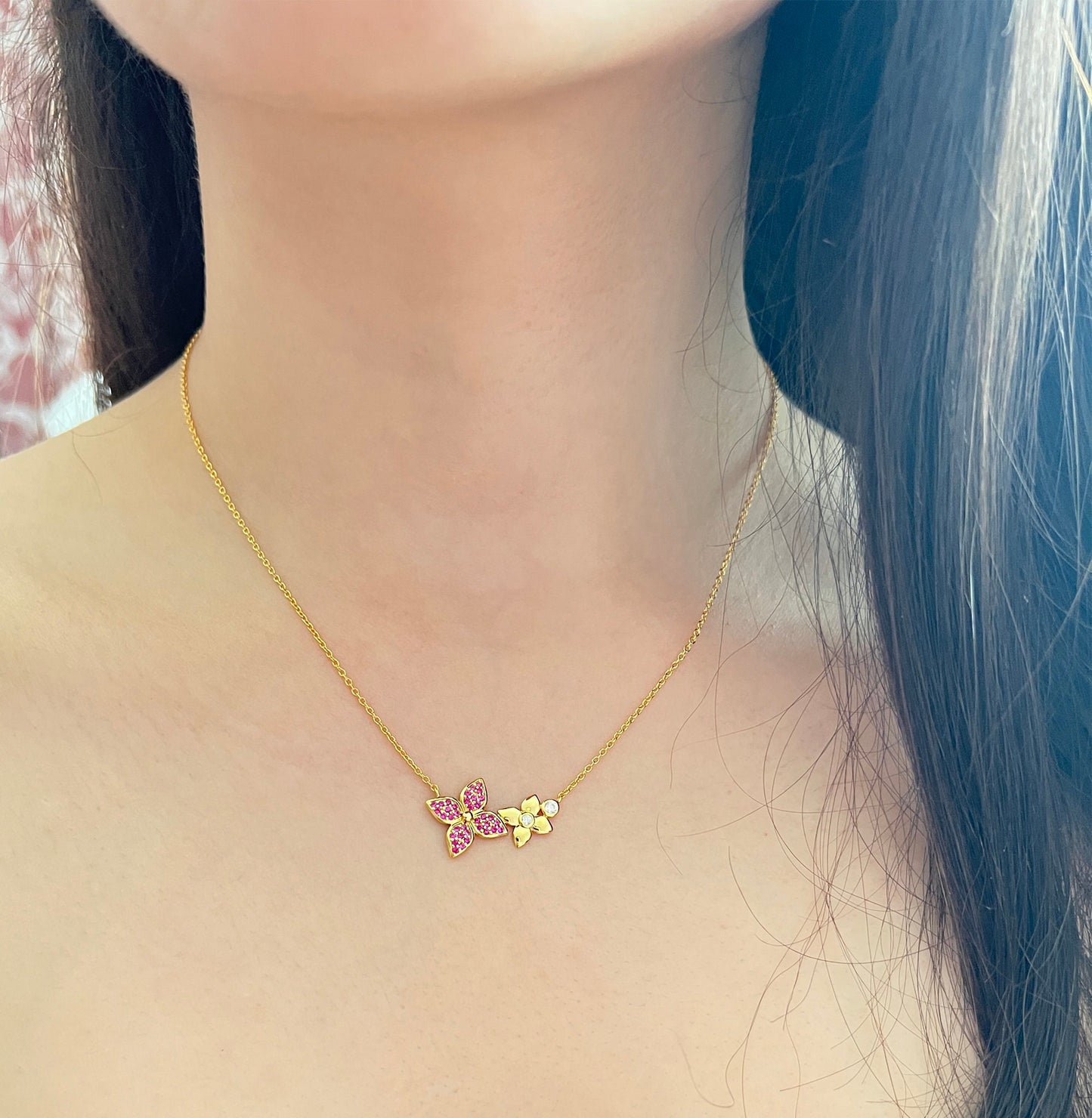 Sapphire Flower Necklace: Yellow Gold Plated Sterling Silver Floral Pendant