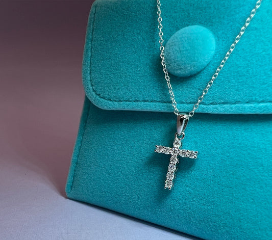 VVS1 Moissanite Cross Necklace: Rhodium Plated Sterling Silver, Simulated Diamonds
