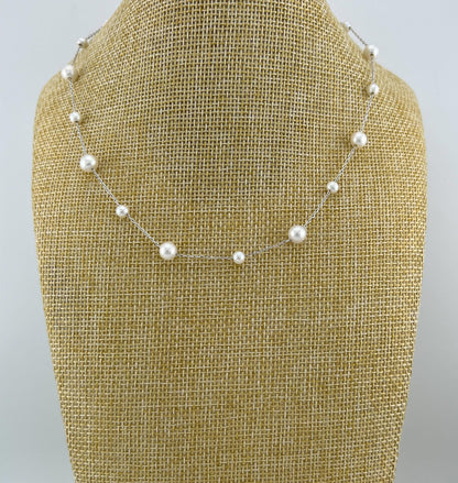 Pearls by the Yard Necklace: Freshwater Pearl Station Necklace in Rhodium Plated Sterling Silver | Adjustable 16-18'' | Bridal Necklace