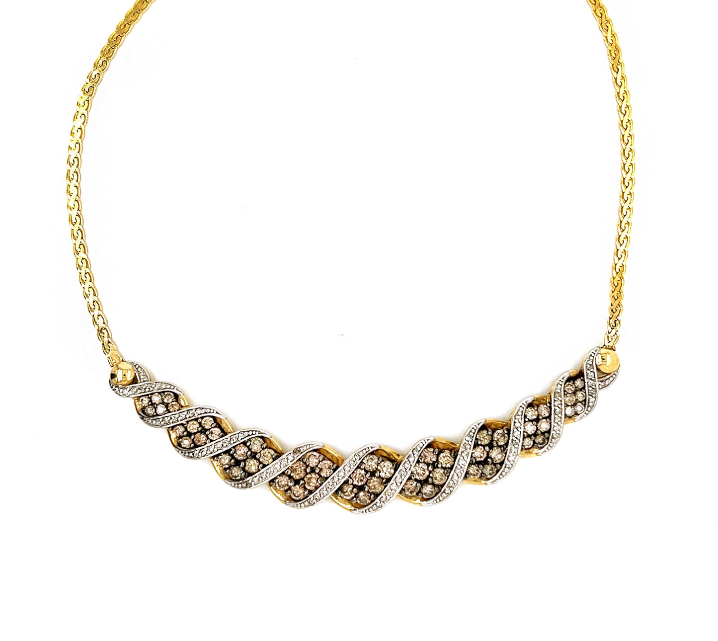 Vintage 14K Yellow Gold Chevron Necklace: 2Ct Champagne & White Diamond V Pendant