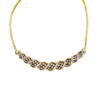 Vintage 14K Yellow Gold Chevron Necklace: 2Ct Champagne & White Diamond V Pendant