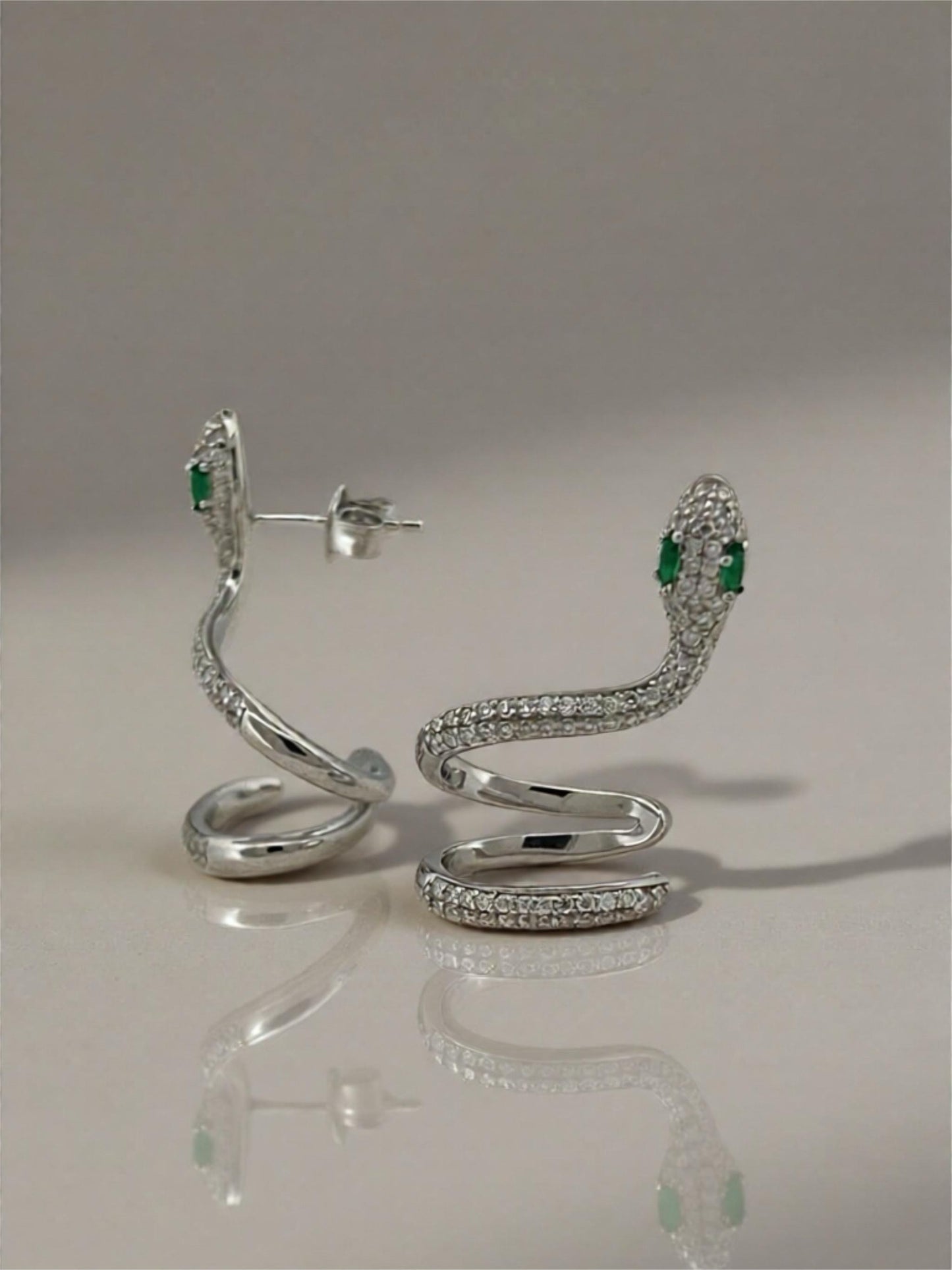 Moissanite Snake Ear Cuff – Serpent Wrap Climber Earrings with Emerald Eyes – Spiral Wire Snake Jewelry, Platinum Plated Sterling Silver