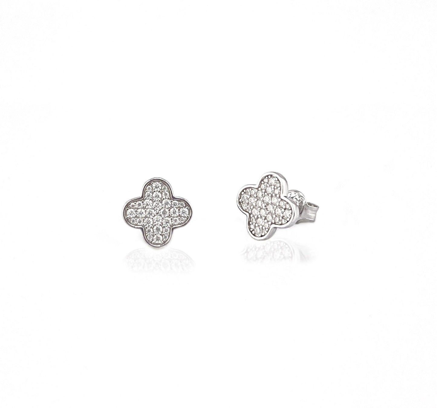 Moissanite Clover Stud Earrings: Rhodium Plated Sterling Silver Floral Earstuds
