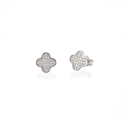 Moissanite Clover Stud Earrings: Rhodium Plated Sterling Silver Floral Earstuds