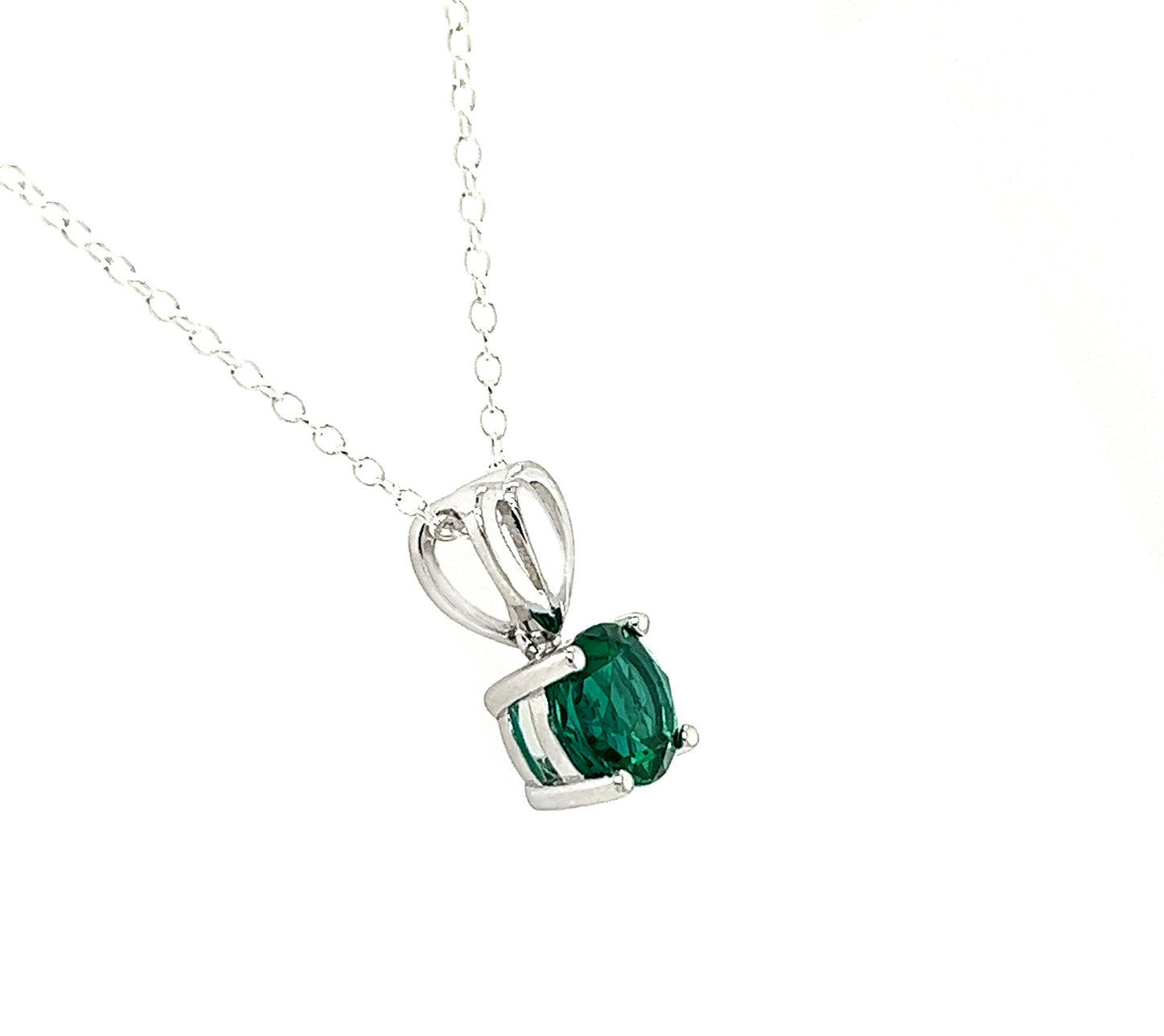Emerald Solitaire Pendant Necklace: Rhodium Plated Sterling Silver