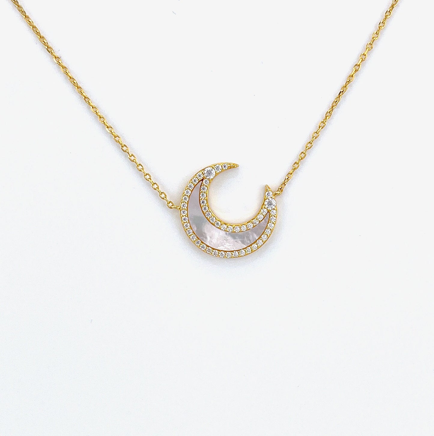 Moissanite Crescent Moon Necklace: 14K Gold Plated Sterling Silver, Mother-of-Pearl Pendant