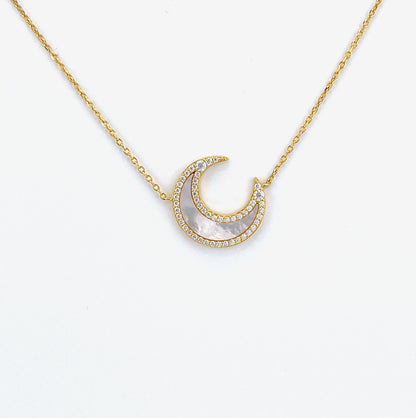 Moissanite Crescent Moon Necklace: 14K Gold Plated Sterling Silver, Mother-of-Pearl Pendant