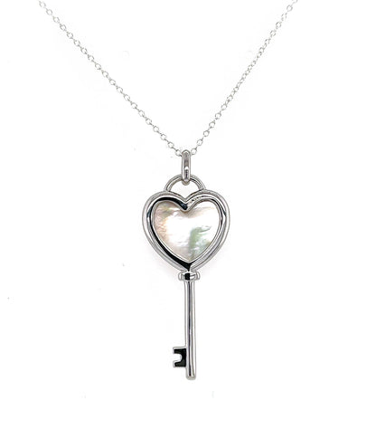 Heart Key Necklace: Sterling Silver, Mother of Pearl & White Sapphire Pendant