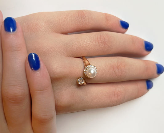 Moissanite & Pearl Ring: Yellow Gold Sterling Silver Bypass Ring