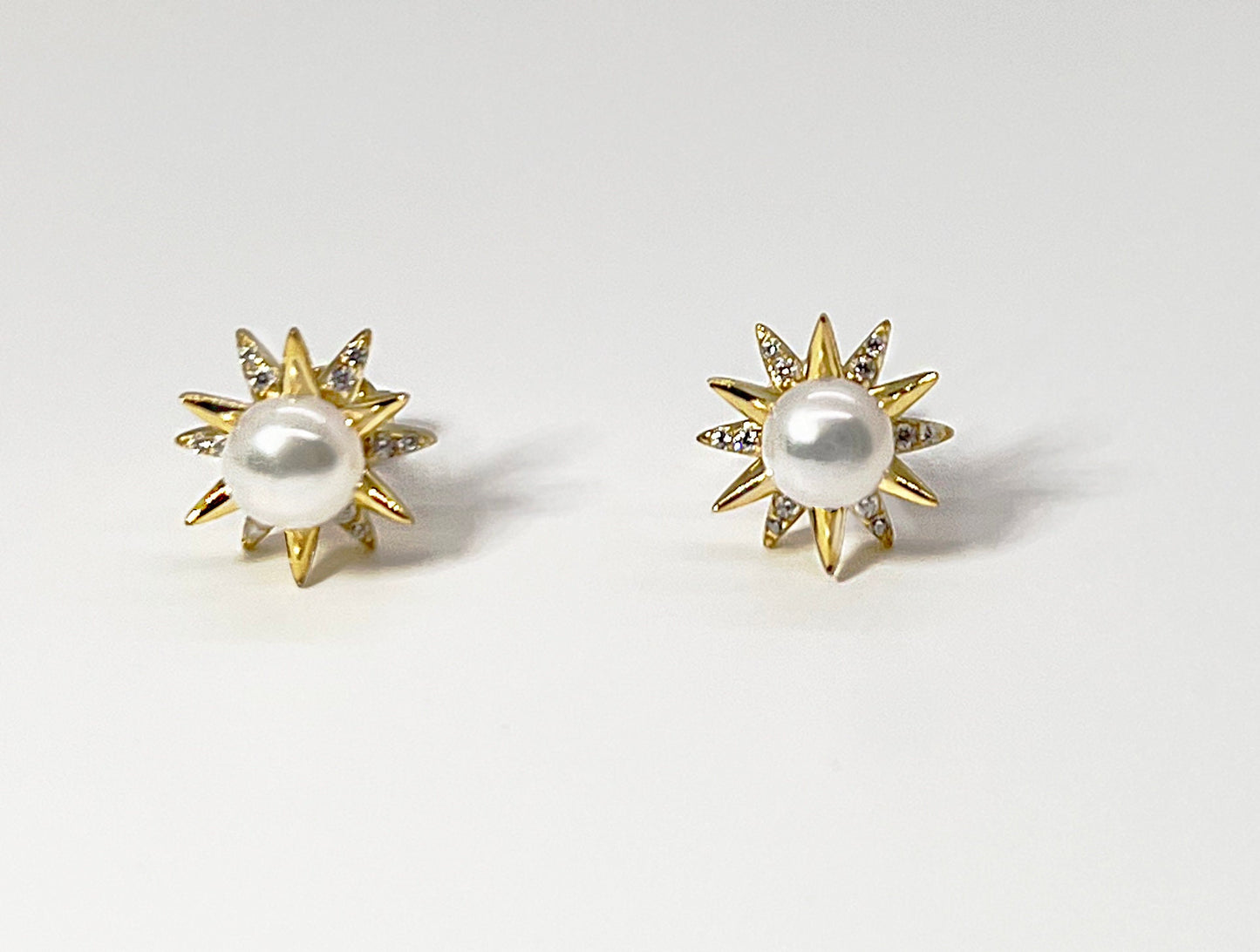 Pearl Star Stud Earrings: Yellow Gold Plated Sterling Silver, CZ