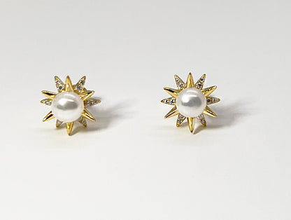 Pearl Star Stud Earrings: Yellow Gold Plated Sterling Silver, CZ