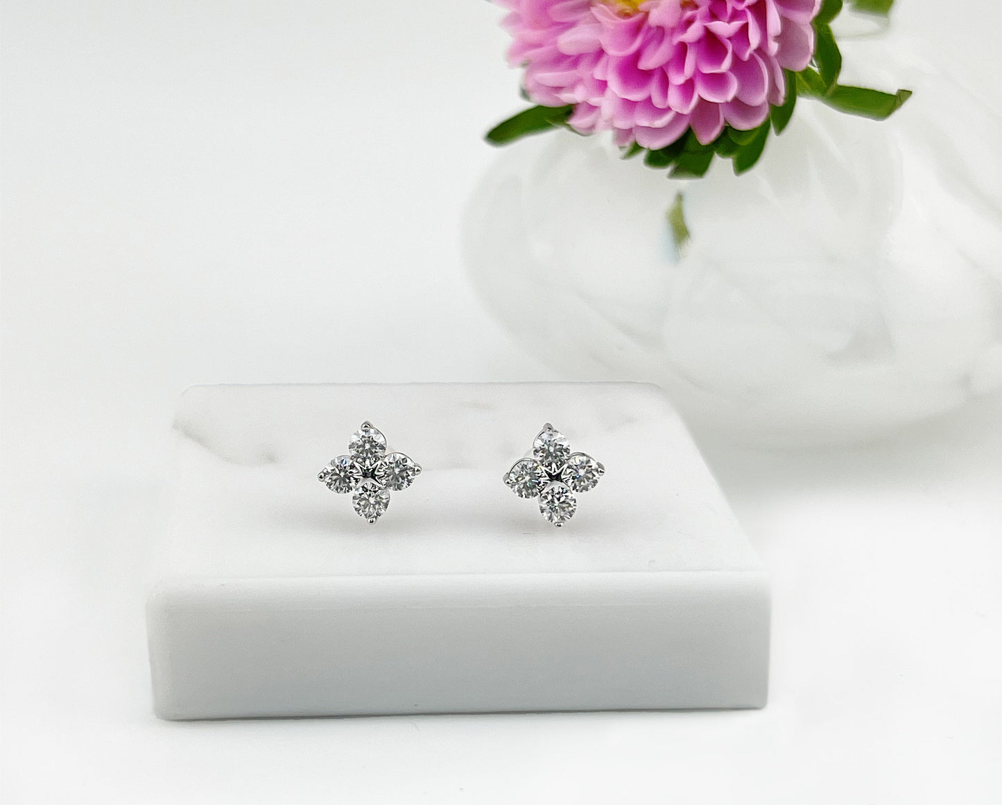 Moissanite Clover Stud Earrings: Rhodium Sterling Silver