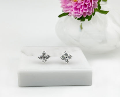 Moissanite Clover Stud Earrings: Rhodium Sterling Silver