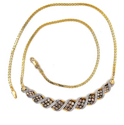 Vintage 14K Yellow Gold Chevron Necklace: 2Ct Champagne & White Diamond V Pendant