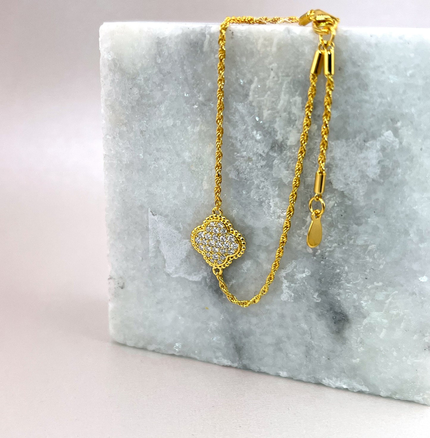 Moissanite Four Leaf Clover Bracelet: 18K Gold or Sterling Silver