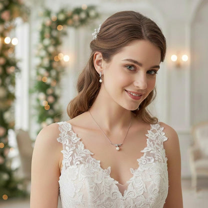 Love Knot Pearl Necklace: Rhodium Sterling Silver Heart Pendant