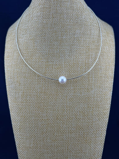 Floating Pearl Necklace: Rhodium Plated Sterling Silver Wire, Minimalist Jewelry