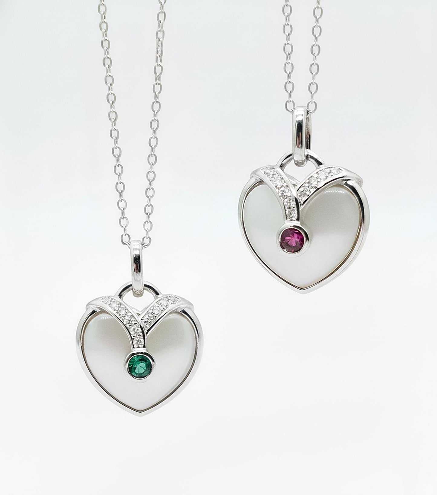 Mother of Pearl Heart Necklace: Sterling Silver, Ruby or Emerald, White Sapphire Pendant