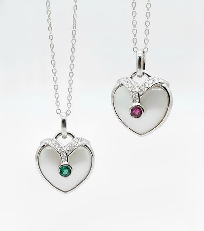 Mother of Pearl Heart Necklace: Sterling Silver, Ruby or Emerald, White Sapphire Pendant