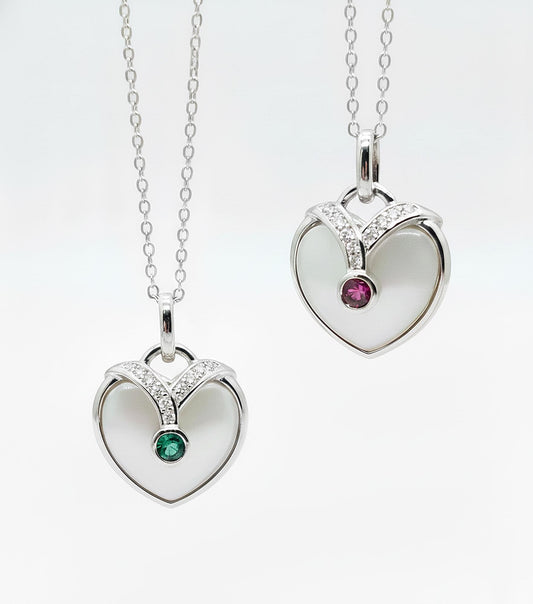 Mother of Pearl Heart Necklace: Sterling Silver, Ruby or Emerald, White Sapphire Pendant