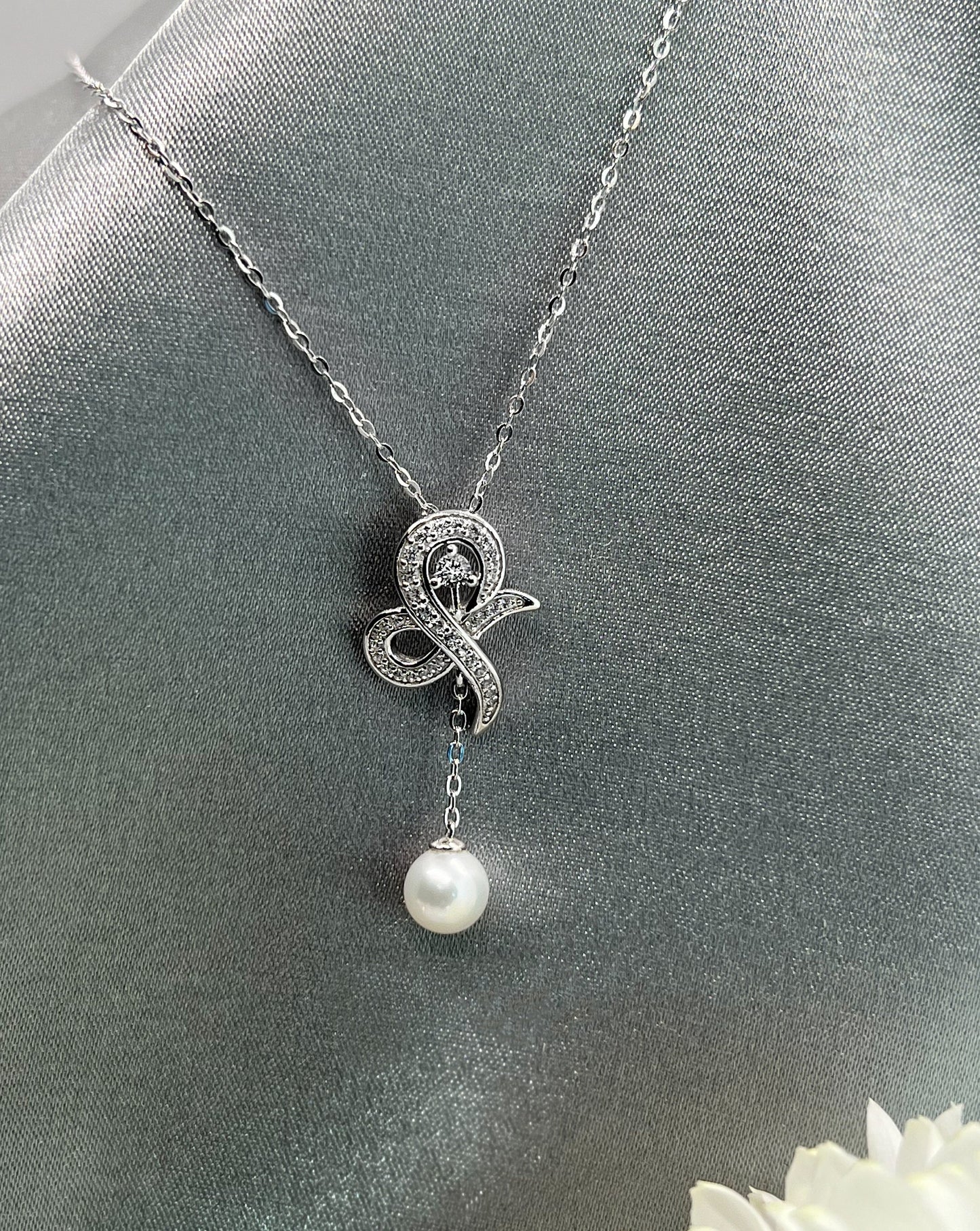 Moissanite Bow Necklace: Sterling Silver Pearl Dangle Bridal Pendant