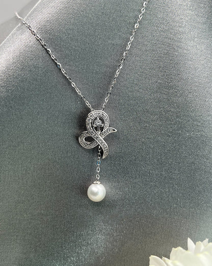 Moissanite Bow Necklace: Sterling Silver Pearl Dangle Bridal Pendant