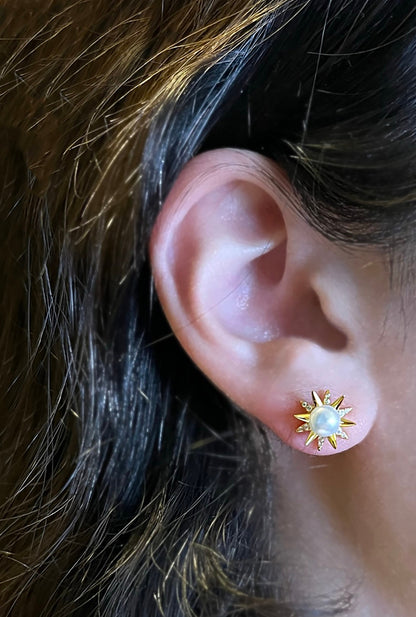 Pearl Star Stud Earrings: Yellow Gold Plated Sterling Silver, CZ