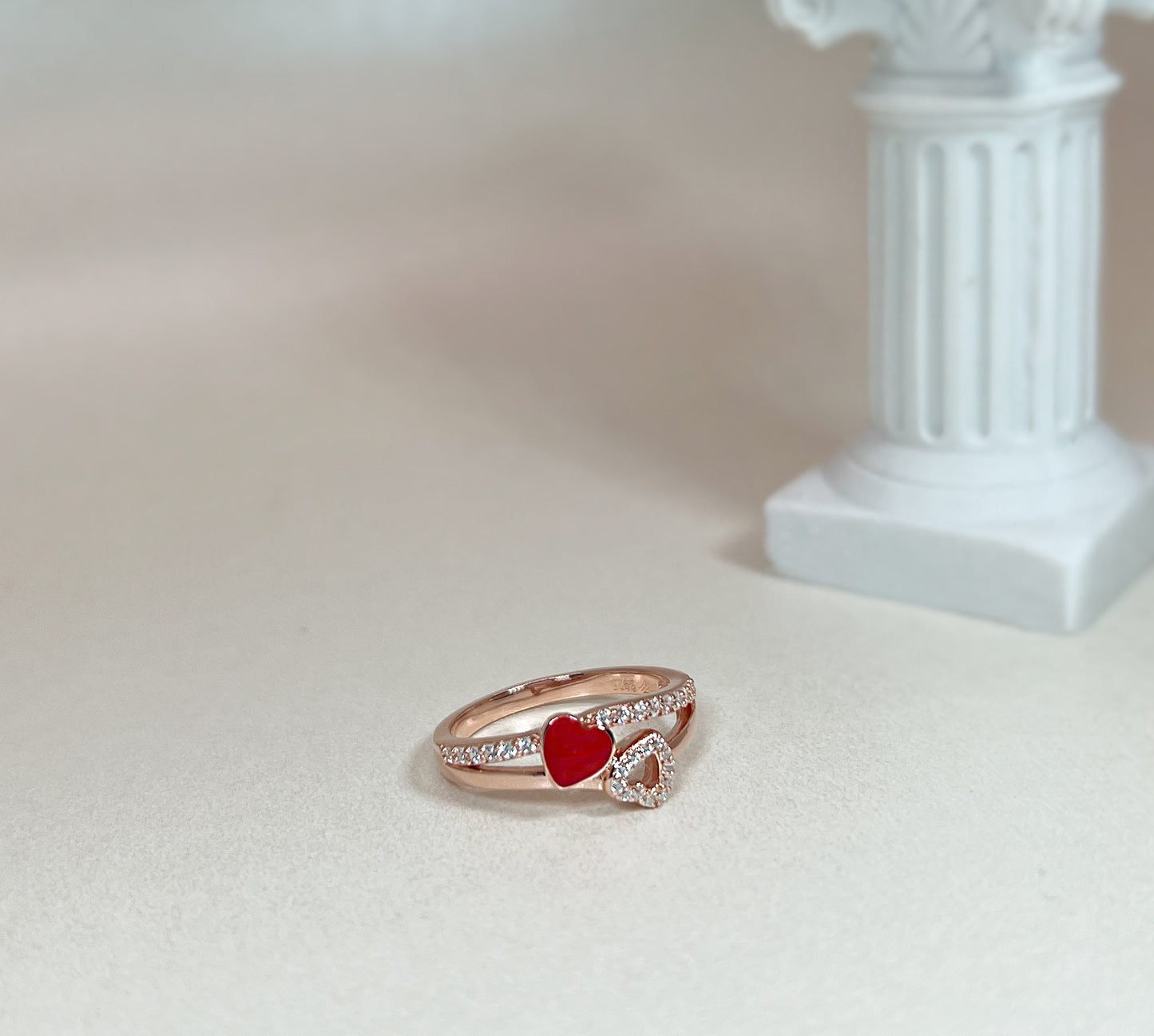 Rose Gold Double Heart Ring: Red Enamel CZ, Sterling Silver Size 7