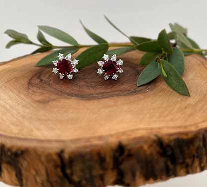 Sterling Silver Created Ruby Stud Earrings: White Sapphire Halo