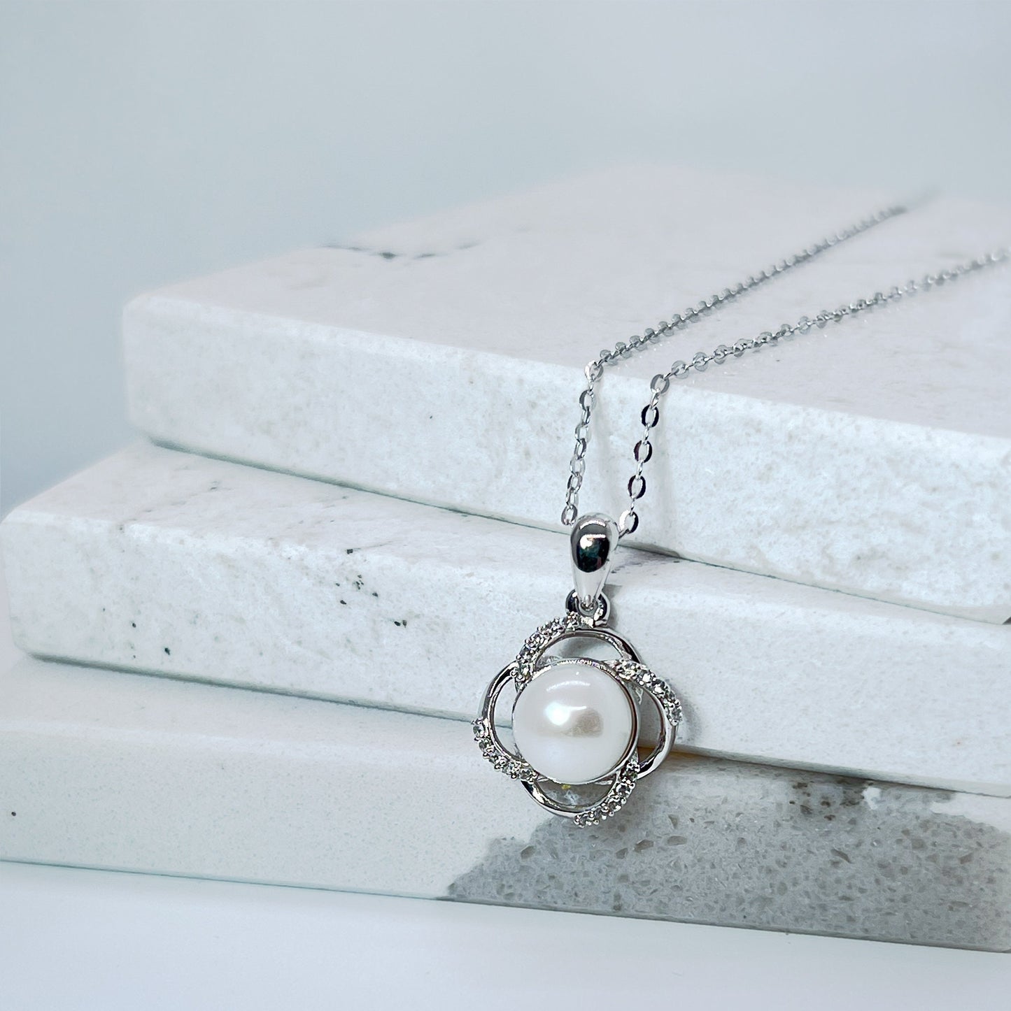 Moissanite Freshwater Pearl Necklace: Sterling Silver Floral Pendant