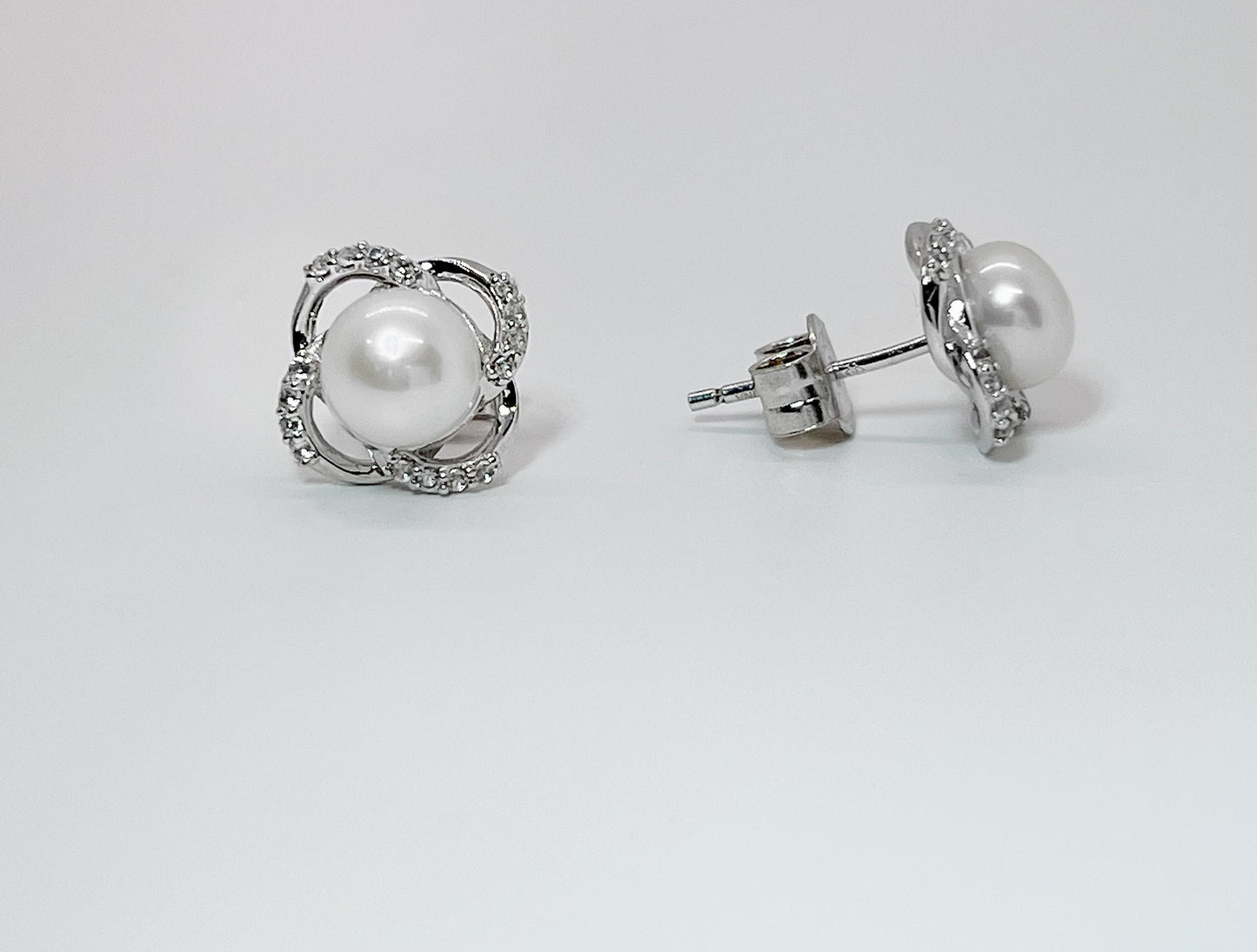 Moissanite and Pearl Flower Stud Earrings, Sterling Silver