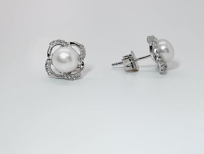 Moissanite and Pearl Flower Stud Earrings, Sterling Silver