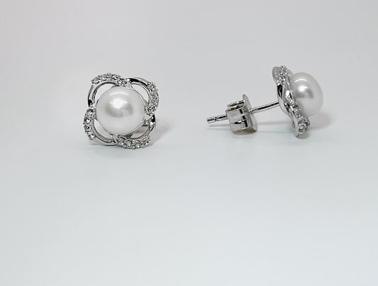 Moissanite and Pearl Flower Stud Earrings, Sterling Silver