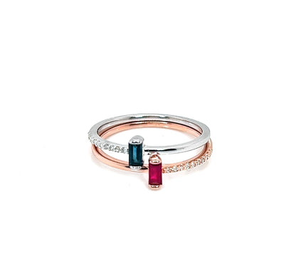Ruby or Sapphire Baguette Ring: Diamond 14K Gold Plated Sterling Silver