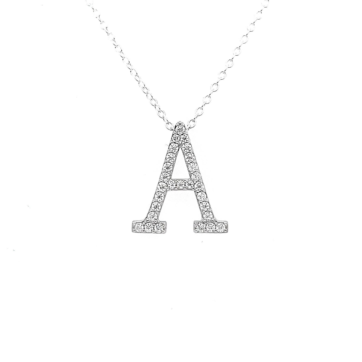 Moissanite Initial Necklace: Rhodium Plated Sterling Silver Letter Pendant