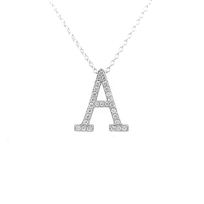 Moissanite Initial Necklace: Rhodium Plated Sterling Silver Letter Pendant