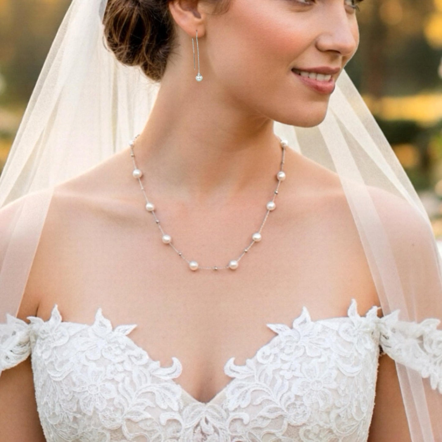 Cultured Freshwater Pearl Threader Earrings in Sterling Silver | White Sapphire and Pearl Dangle Earrings | Bridal Jewelry