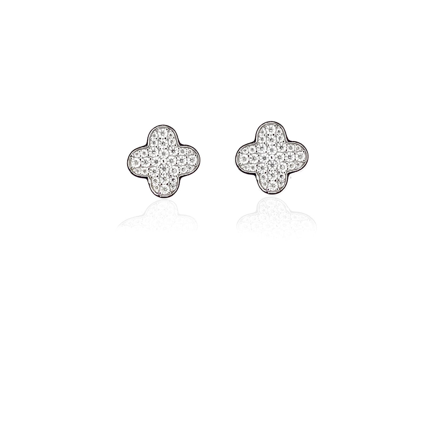 Moissanite Clover Stud Earrings: Rhodium Plated Sterling Silver Floral Earstuds