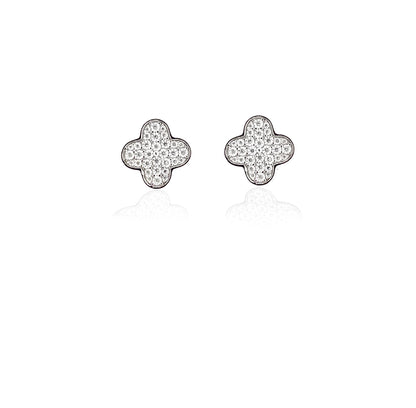 Moissanite Clover Stud Earrings: Rhodium Plated Sterling Silver Floral Earstuds