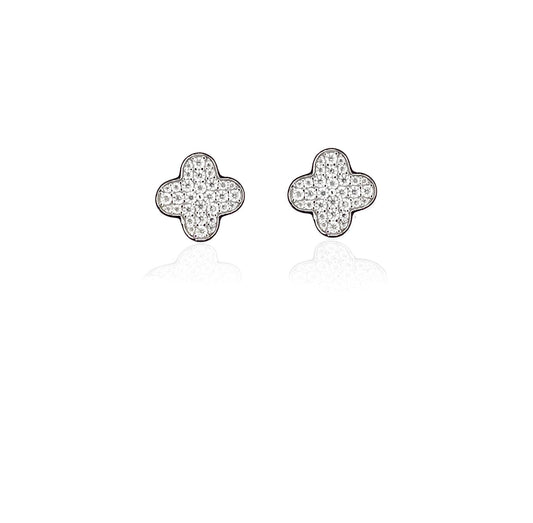 Moissanite Clover Stud Earrings: Rhodium Plated Sterling Silver Floral Earstuds
