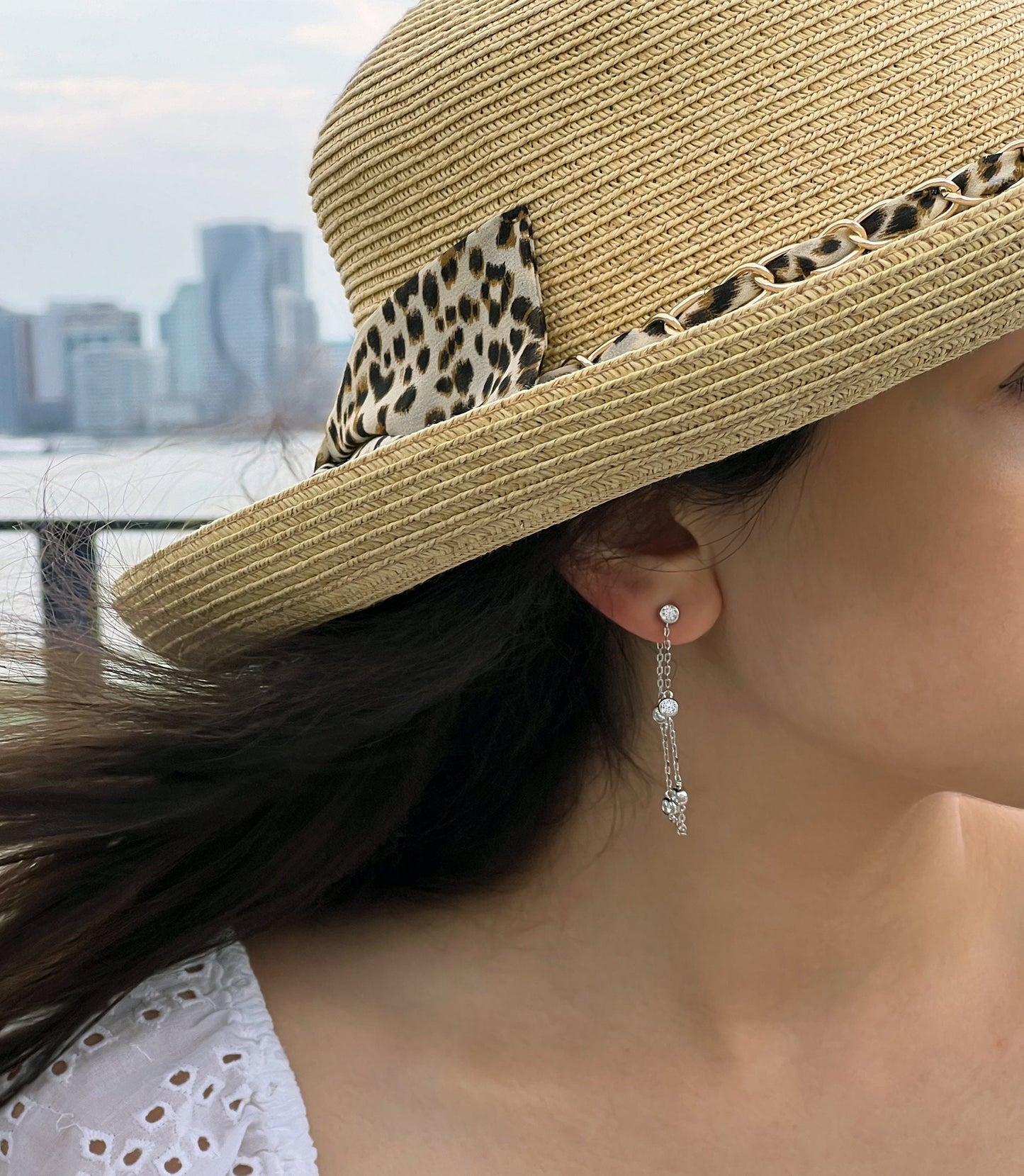 Moissanite Threader Earrings: Rhodium Plated Sterling Silver Chain Drop Earrings