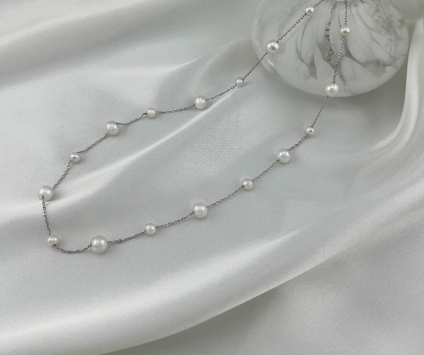 Pearls by the Yard Necklace: Freshwater Pearl Station Necklace in Rhodium Plated Sterling Silver | Adjustable 16-18'' | Bridal Necklace