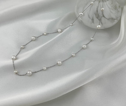 Pearls by the Yard Necklace: Freshwater Pearl Station Necklace in Rhodium Plated Sterling Silver | Adjustable 16-18'' | Bridal Necklace