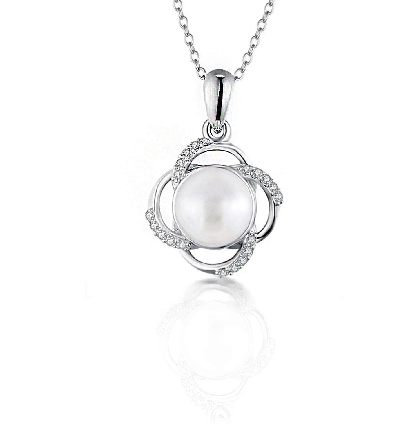 Moissanite Freshwater Pearl Necklace: Sterling Silver Floral Pendant