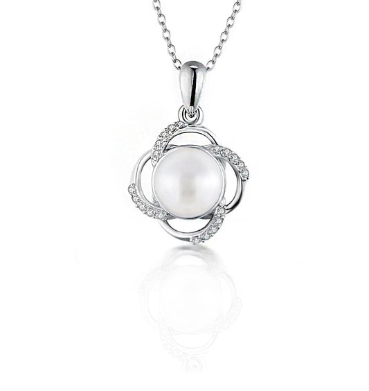 Moissanite Freshwater Pearl Necklace: Sterling Silver Floral Pendant