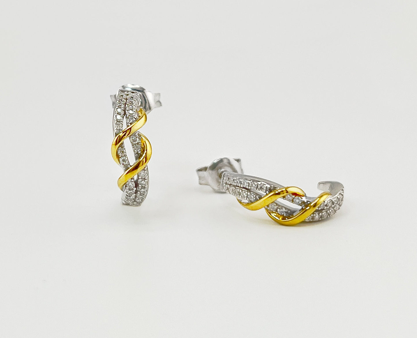 Two-Tone Twisted Moissanite J-Hoop Earrings: 14K Gold & Sterling Silver