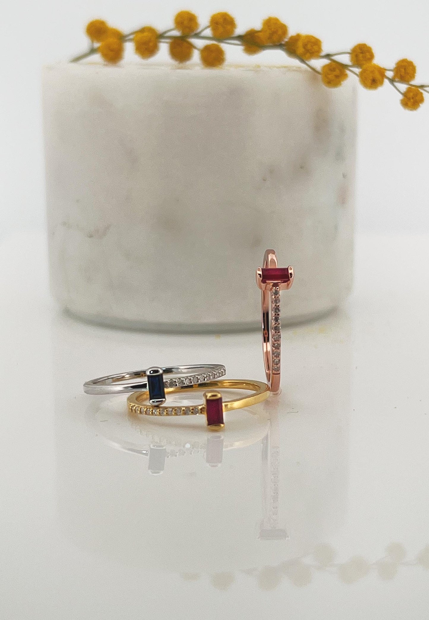 Ruby or Sapphire Baguette Ring: Diamond 14K Gold Plated Sterling Silver