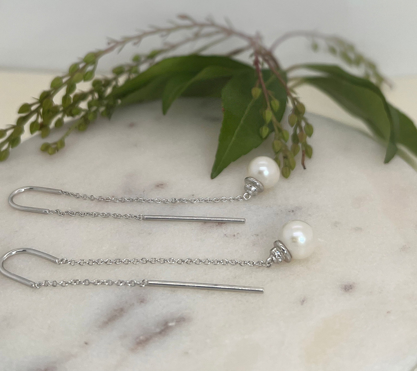 Cultured Freshwater Pearl Threader Earrings in Sterling Silver | White Sapphire and Pearl Dangle Earrings | Bridal Jewelry