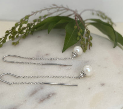 Cultured Freshwater Pearl Threader Earrings in Sterling Silver | White Sapphire and Pearl Dangle Earrings | Bridal Jewelry